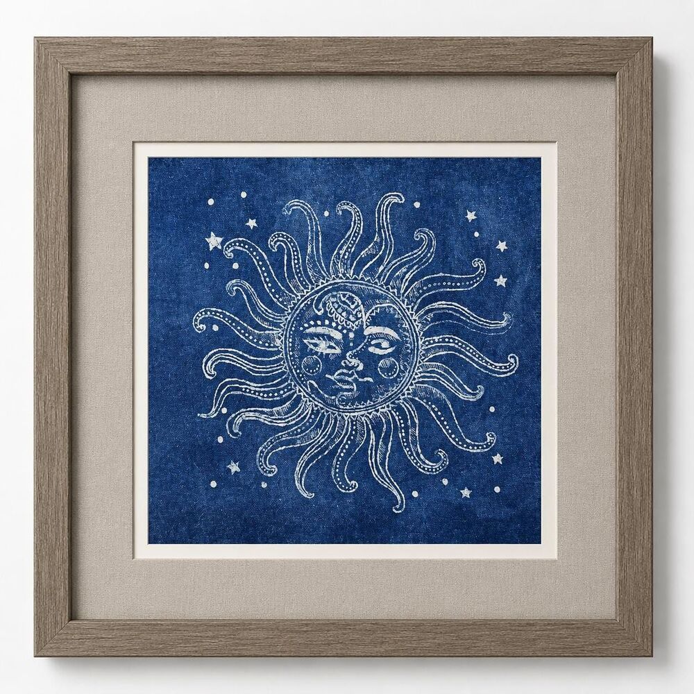 Celestial Textile Wall Art | Handmade Indigo Batik Sun & Moon | Zodiac Mandala